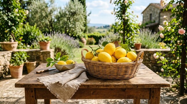 Abundant fresh lemons in a rustic basket on a wooden table in a sun-drenched garden