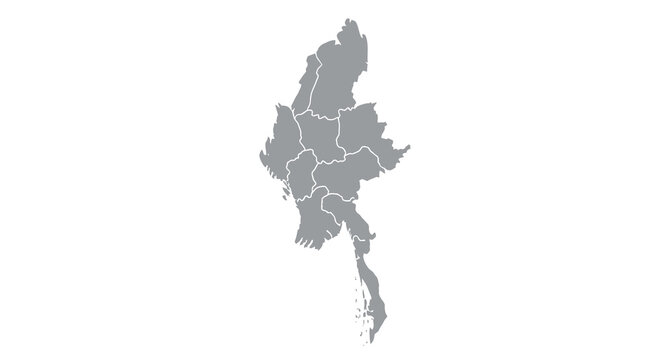 A grayscale map depicts the political boundaries of myanmar showcasing its states and regions distinctly high quality professional