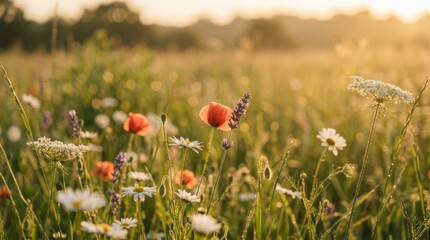 Fototapeta premium Golden hour sunlight illuminates a meadow filled with vibrant wildflowers and lush green grass.
