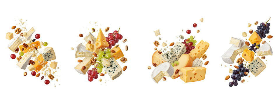 Assorted cheese varieties with nuts and grapes floating on black background