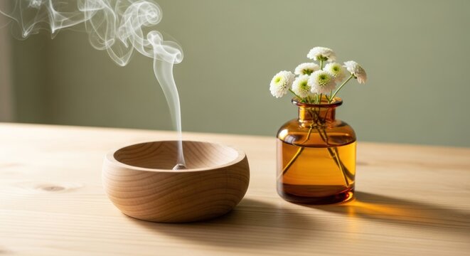 A serene arrangement featuring a rustic wooden burner with rising wisps of incense smoke beside a vintage amber glass vase holding small white daisy flowers placed upon a natural timber table