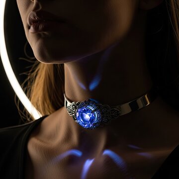 A woman wears a glowing blue gemstone necklace fashioned from metal wire wrapped around her neck as light reflects onto her skin during an evening fashion showcase featuring luxury fashion