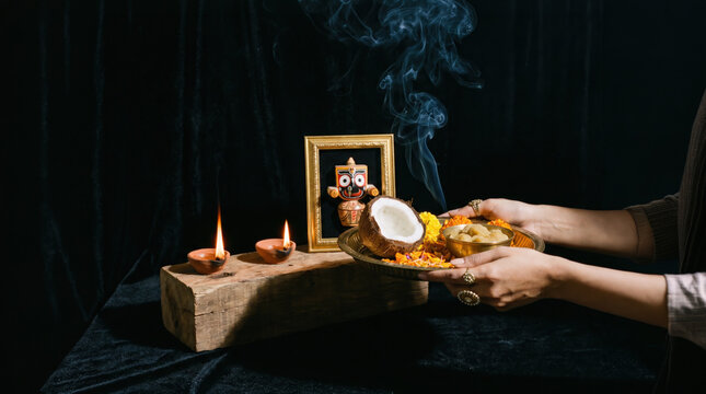 Indian Puja Offering with Deity Image and Lit Lamps