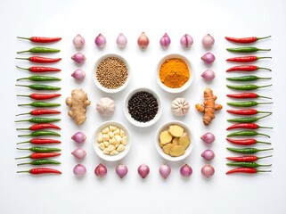 Naklejka premium Flat lay arrangement of fresh ingredients including chili peppers, ginger, garlic, turmeric, shallots, and spices for cooking