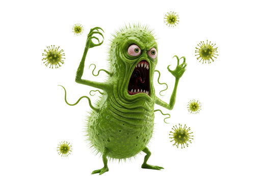 Highly detailed 3d cgi render of a monstrous, slimy, toxic lime green anthropomorphic germ screaming aggressively against a transparent background concept of biological threat and illness