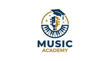 A vibrant logo showcasing a guitar and piano keys, symbolizing music education and the joy of learning, appealing to students of all ages in a modern style. © Liutao