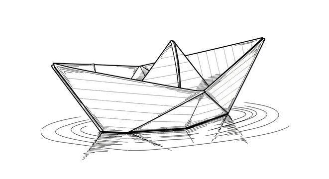 Hand-drawn origami paper boat floating on water ripples, black and white sketch