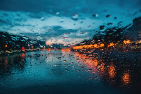 夜になると雨粒が車のフロントガラス越しに街の明かりを曇らせる