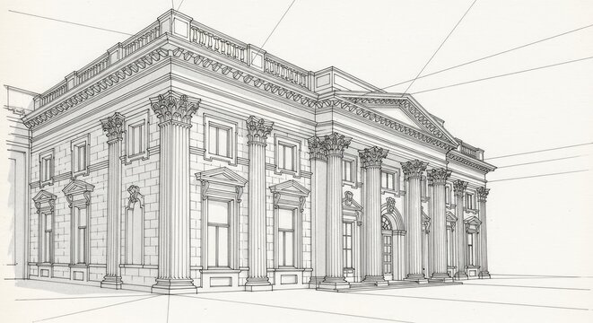Architectural drawing of a neoclassical building featuring columns and pediments created using perspective lines to demonstrate structural symmetry and traditional design principles for urban