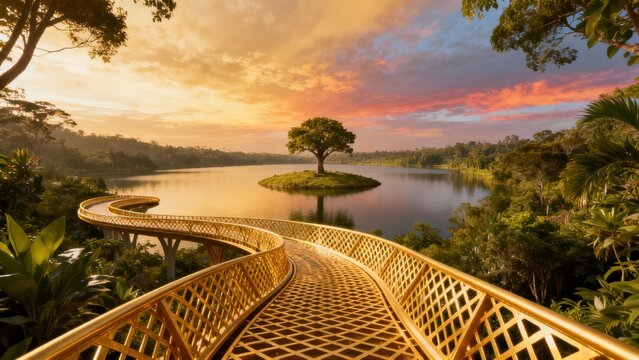 Golden bridge over lake with tree island
