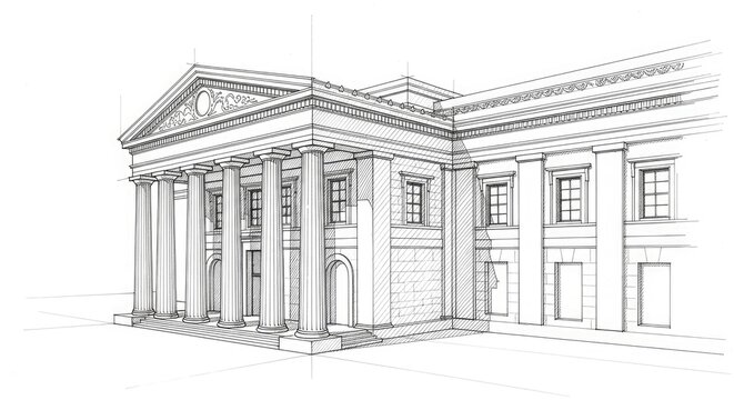 Architectural sketch featuring a grand neoclassical facade with ionic columns designed for historical building restoration projects and academic construction planning studies by professional