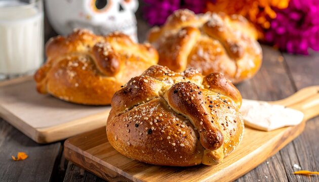 Golden-brown, sweet bread with sugar, arranged on wooden boards, in front of a skull & flowers. A glass of milk sits nearby