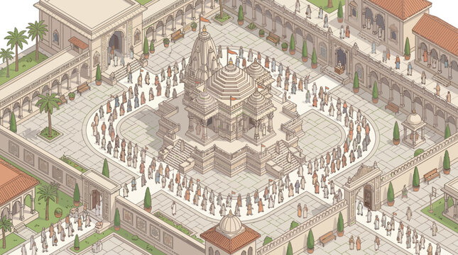 Illustration of muslim pilgrims performing tawaf around the Kaaba in Mecca, with a crowd of people in a circular motion around the sacred mosque, conveying a sense of spiritual islam and