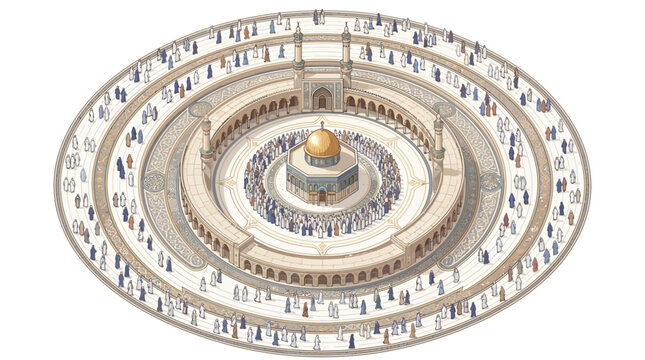 Vector illustration of muslim pilgrims circumambulating the Kaaba in Masjid al-Haram, Mecca, during Hajj or Umrah rituals with a circular prayer formation.