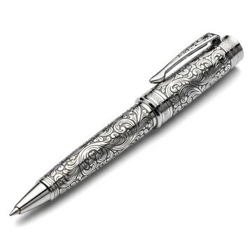Luxury metallic writing instrument featuring ornate silver scrollwork patterns for executive use in professional settings providing a sophisticated tool for signing important documents and legal