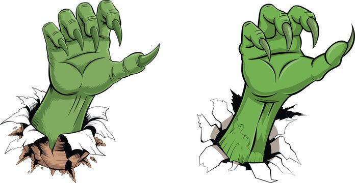 Green monster hand bursting through ground with sharp claws in comic horror illustration