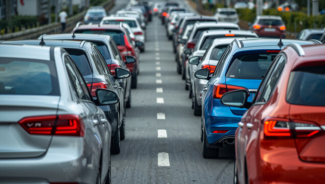 Heavy traffic jam on a busy highway with cars lined up for miles