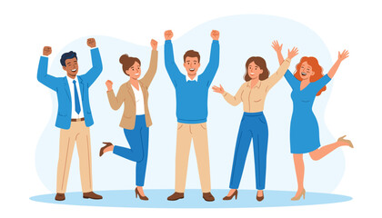 Obraz premium Vector happy diverse business team celebrating success with arms raised
