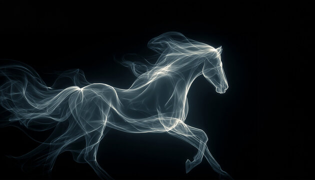 Horse monochrome smoke on black background. Halftone horse illustration,2026,vintage comic book style, black and white dots, stylized horse portrait isolated on black background, retro print texture