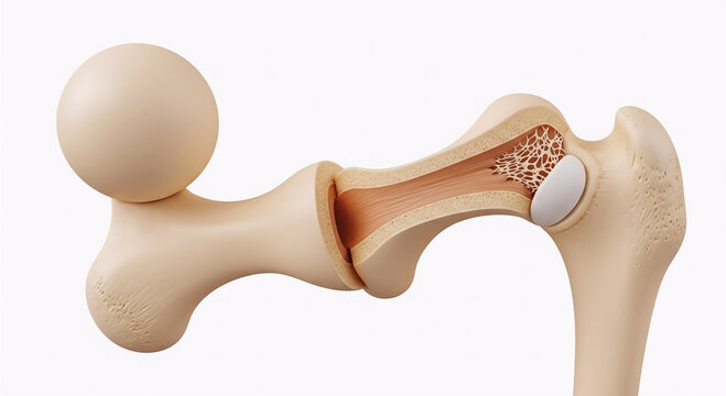 Cross-section of the human hip joint showing the femur head articulating with the acetabulum, illustrating bone structure and joint anatomy.