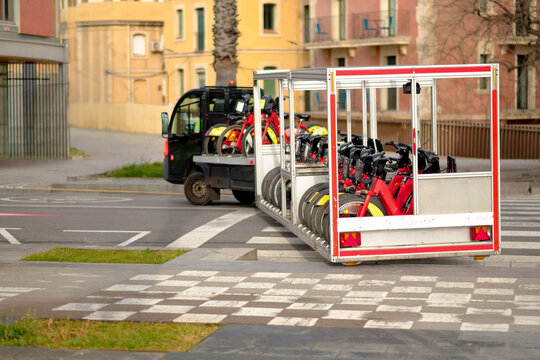 Electric Bike Share Transport Truck and Trailer in Urban City Environment