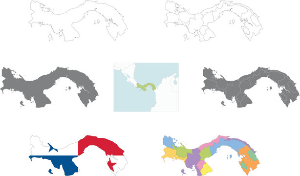 Comprehensive set of Panama maps including flag, administrative regions, outlines, and silhouettes. Perfect for educational and travel designs.