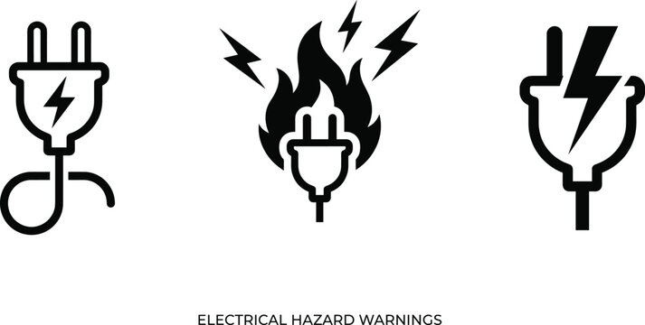 Electrical hazard warning vector icons set showing high voltage plug, short circuit fire danger, and electricity shock 