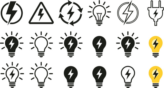 Electricity and energy vector icon set featuring lightbulb, lightning bolt, power plug, and warning sign for creative ideasElectricity and energy vector icon set featuring lightbulb, lightning bolt, 