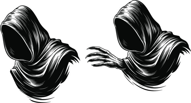 Dark hooded faceless figures with eerie reaching hand in gothic horror illustration style