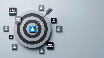 Fototapeta premium Targeting the right audience and customer persona concept with an arrow hitting the bullseye on a target board surrounded by user icons representing marketing strategy and success