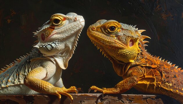 Two lizards facing each other on a branch against dark background