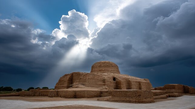 Ancient ruins of a historic site under dramatic sky with sunlight breaking through clouds