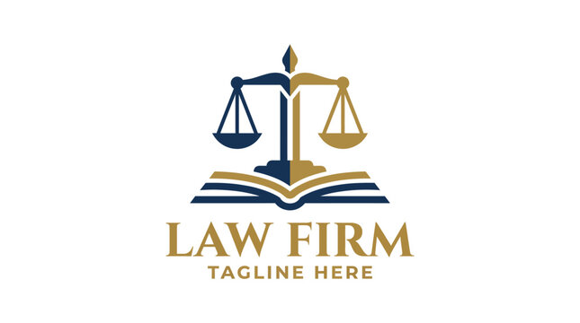This image features the scales of justice balanced on an open book, symbolizing legal knowledge and fairness, suitable for a law firm logo design.