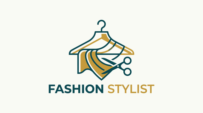 A sleek logo design featuring a hanger with fabric drapes and scissors, symbolizing the fashion industry and creativity for a fashion stylist brand promoting style and uniqueness.