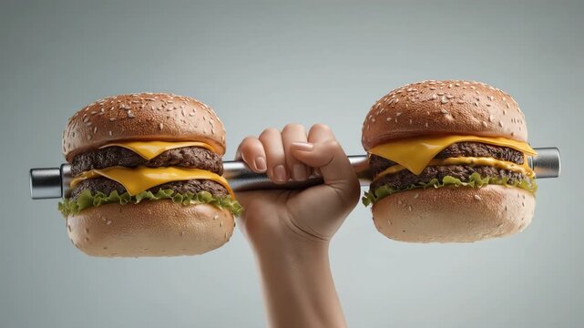 A single hand gripping a conceptual cheeseburger fitness heavy weight.
