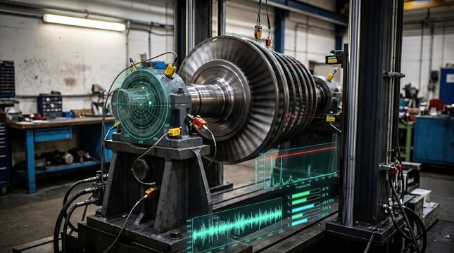 Vertical unit rotor assembly undergoing dynamic balancing showcasing sensor data overlays and vibration analysis on a specialized test rig.