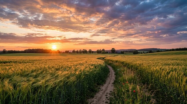 Golden sunset illuminates a winding path through a vibrant wheat field, inspiring peace and tranquility.