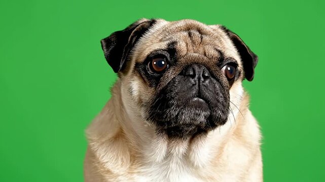 Close-up Portrait of a Pug Dog Against a Green Background with Playful Expression