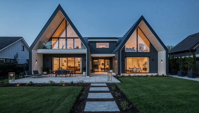 Modern A-frame house with large windows and outdoor patio at dusk