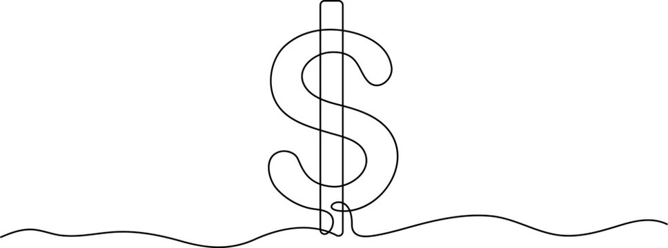 Continuous one line drawing of dollar sign, underwater, line art, minimalist vector, finance concept
