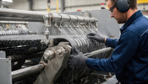 Medium shot of a technician aligning and installing conveyor belts on a wetprocess deburring machine highlighting the watercooling system and precise belt tensioning.