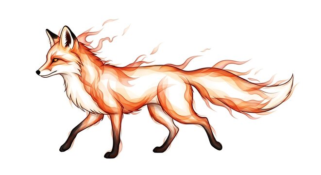A walking, stylized fox with a fiery mane and tail against a clean white backdrop