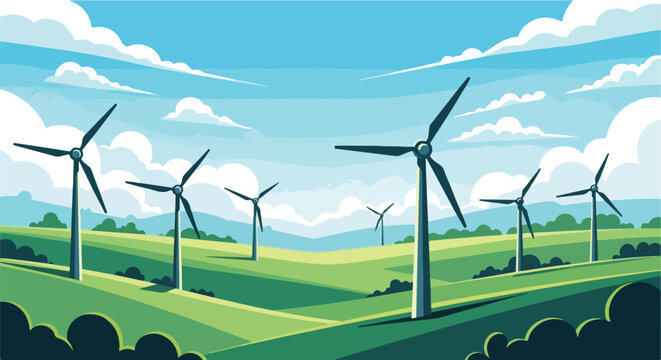 Wind Turbines Generating Clean Energy in a Green Landscape.