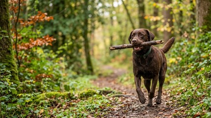 Fototapeta premium Chocolate Labrador Retriever running with a stick in a forest. Brown dog playing fetch on a wooded trail. Active pet and outdoor lifestyle concept