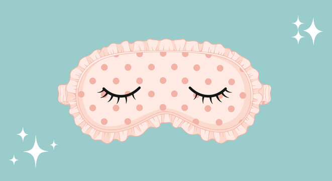 Cute pink sleeping mask with a polka dot pattern and ruffled edges surrounded by sparkling stars on a teal background.