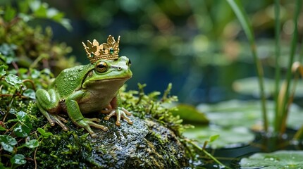 Green tree frog wearing a gold crown on a mossy rock. Fairy tale frog prince concept in a garden pond. Whimsical animal portrait © OlgaNeuroArt