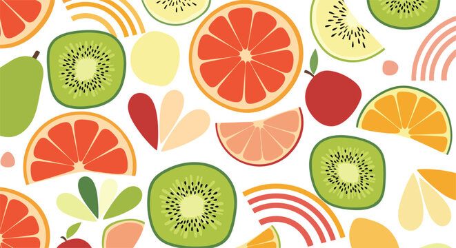 Vibrant seamless pattern of sliced citrus fruits, kiwis, and apples with abstract colorful arches on a white base.