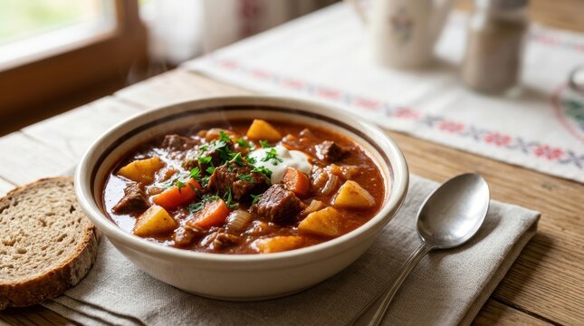Hearty Hungarian goulash stew with beef and potatoes. Traditional hot meat soup with paprika and sour cream served with dark bread
