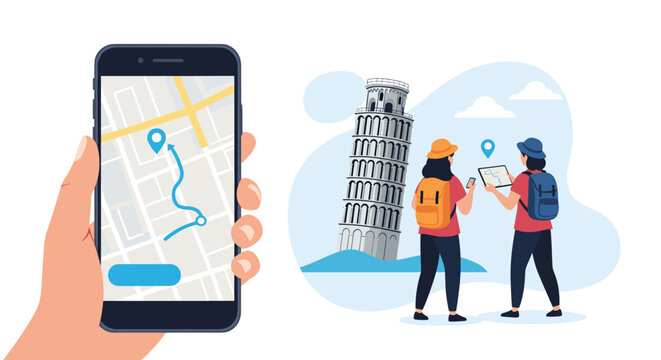 Tourists use a smartphone navigation app and a paper map to find their way to the historic Leaning Tower of Pisa in Italy.