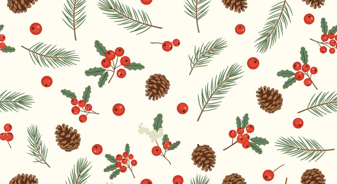 Festive winter pattern showcasing pine branches, red holly berries, and brown pinecones scattered over an off-white background.